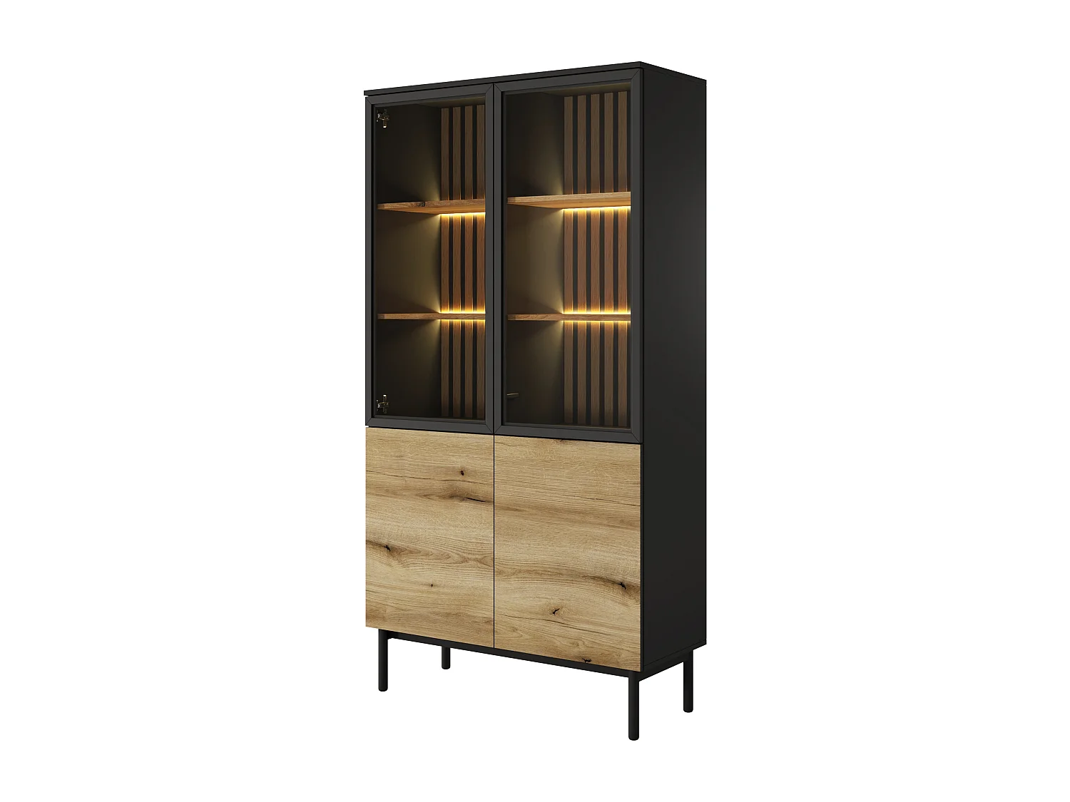 Vitrine avec LED 100 cm Jotare - vitrine 2 portes pour le salon, pieds 20 cm - chêne Evoke