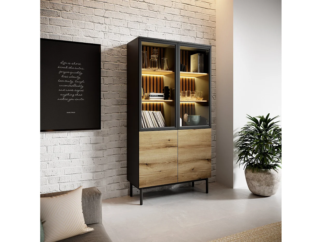 Vitrine avec LED 100 cm Jotare - vitrine 2 portes pour le salon, pieds 20 cm - chêne Evoke
