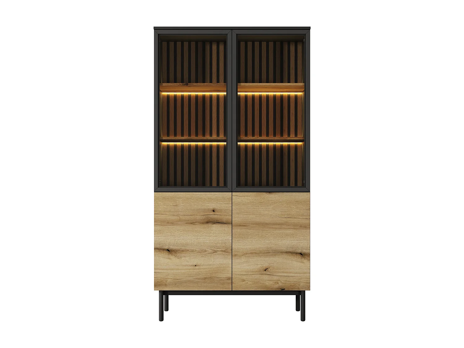 Vitrine avec LED 100 cm Jotare - vitrine 2 portes pour le salon, pieds 20 cm - chêne Evoke