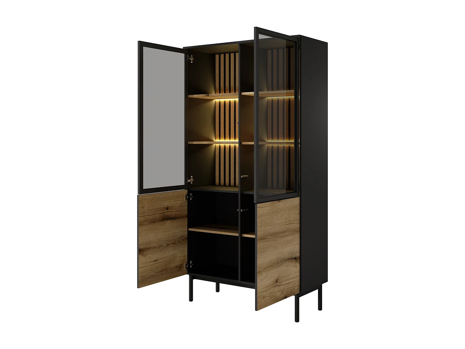 Vitrine avec LED 100 cm Jotare - vitrine 2 portes pour le salon, pieds 20 cm - chêne Evoke