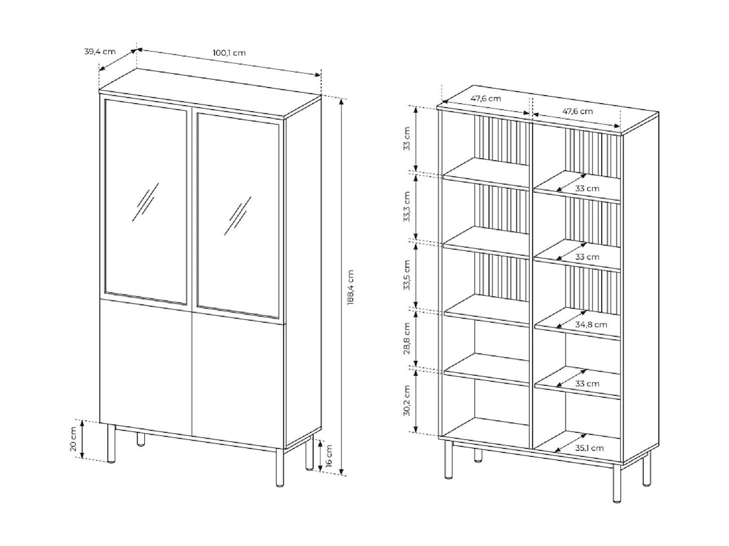 Vitrine avec LED 100 cm Jotare - vitrine 2 portes pour le salon, pieds 20 cm - chêne Evoke
