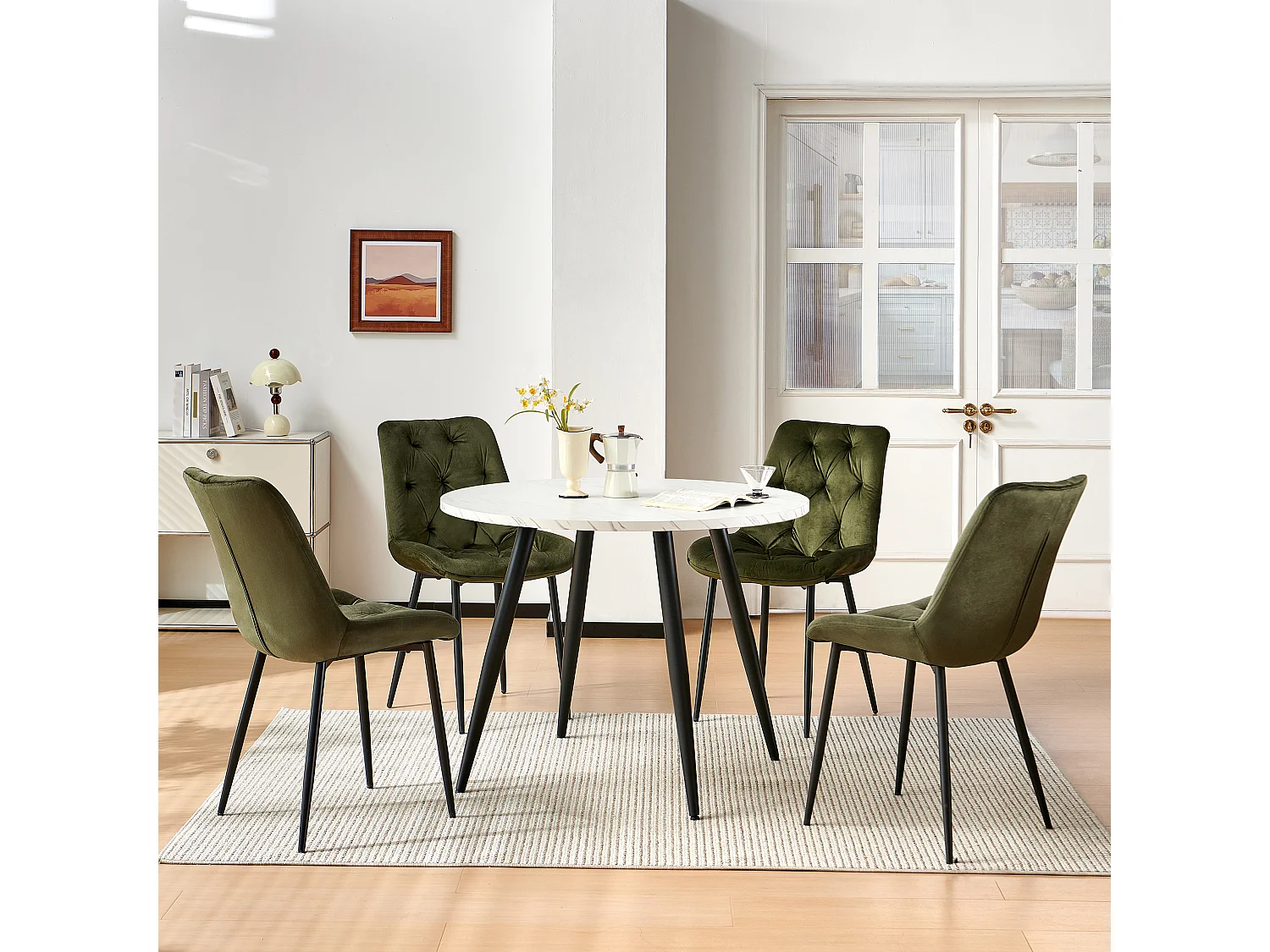 SONARA White Marble Round Dining Table and 4 Velvet Chairs Set Modern 4 Seater for Dining Room