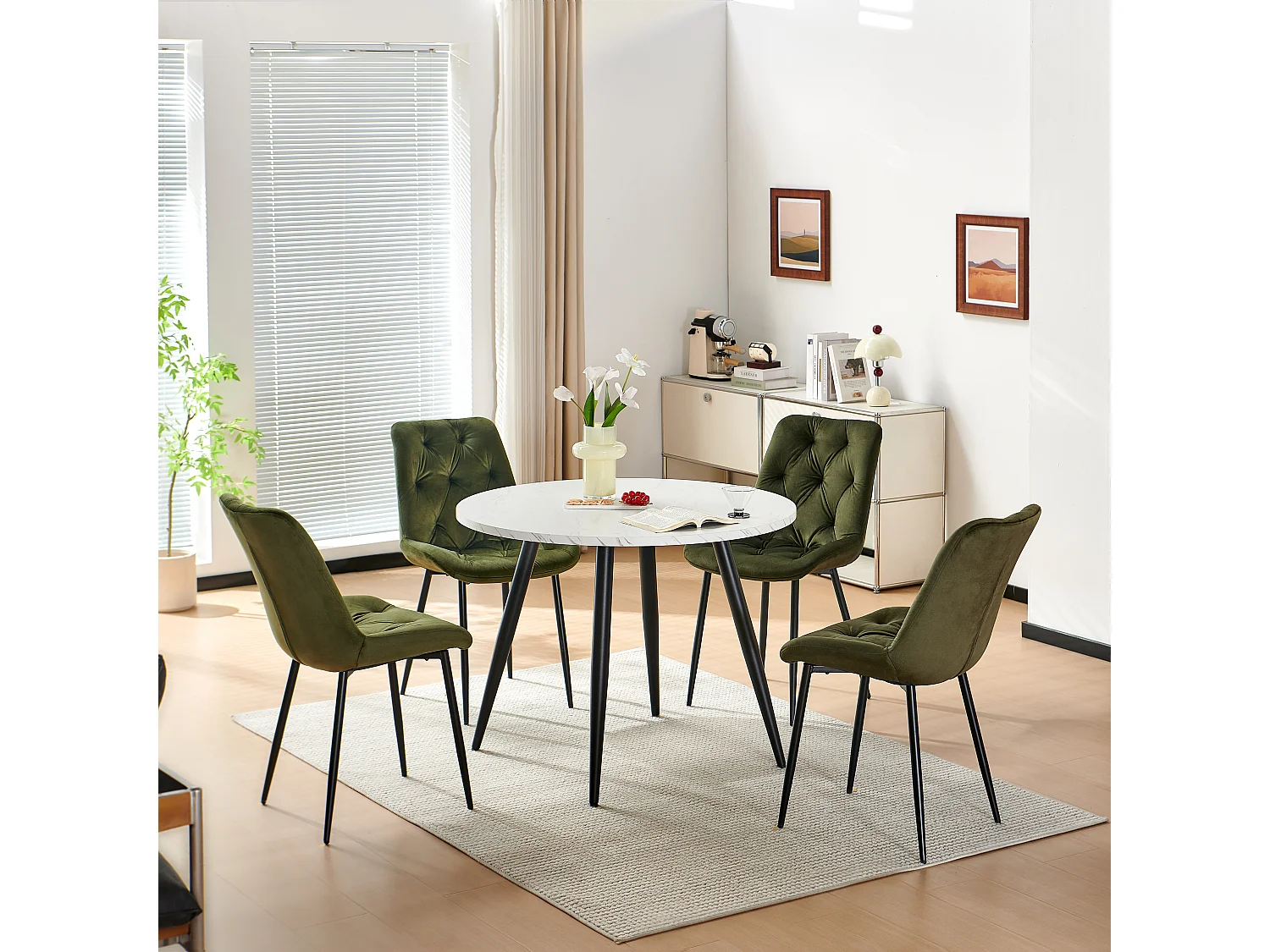SONARA White Marble Round Dining Table and 4 Velvet Chairs Set Modern 4 Seater for Dining Room