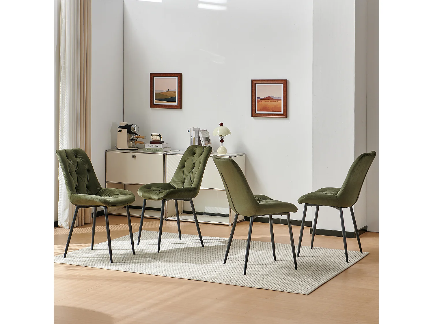 SONARA White Marble Round Dining Table and 4 Velvet Chairs Set Modern 4 Seater for Dining Room