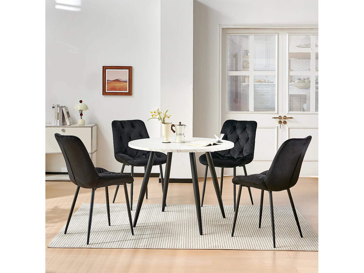 SONARA Modern Round Dark Walnut Dining Table with Velvet Chairs, 4 Seater Set