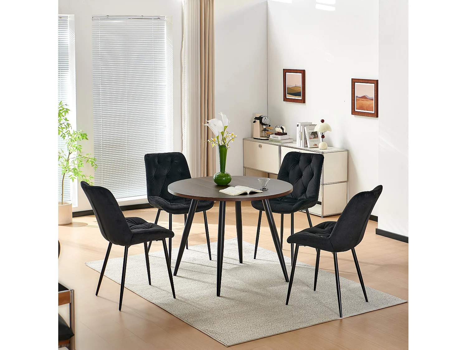 SONARA Modern Round Dark Walnut Dining Table with Velvet Chairs, 4 Seater Set