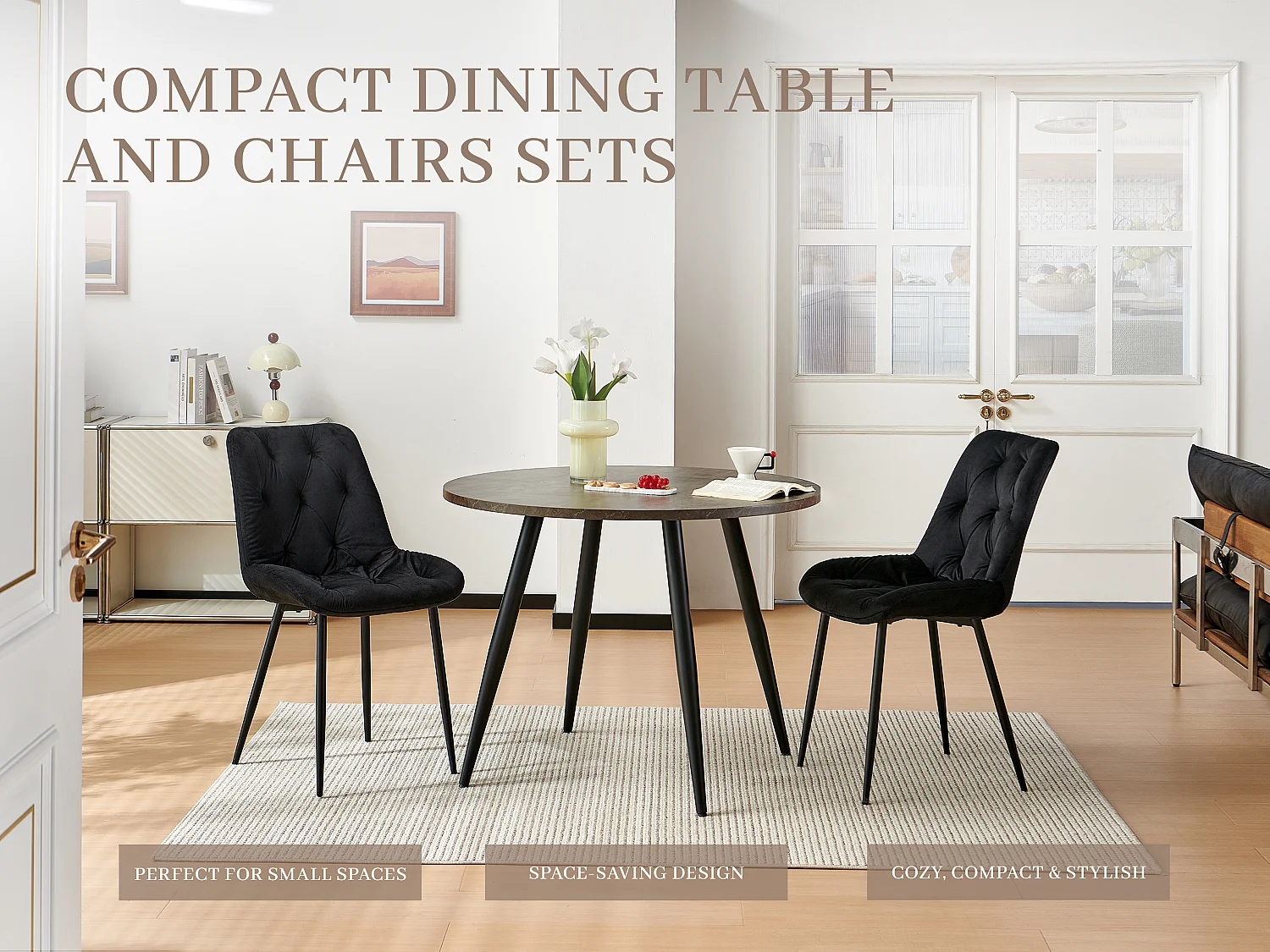 SONARA Modern Round Dark Walnut Dining Table with Velvet Chairs, 4 Seater Set