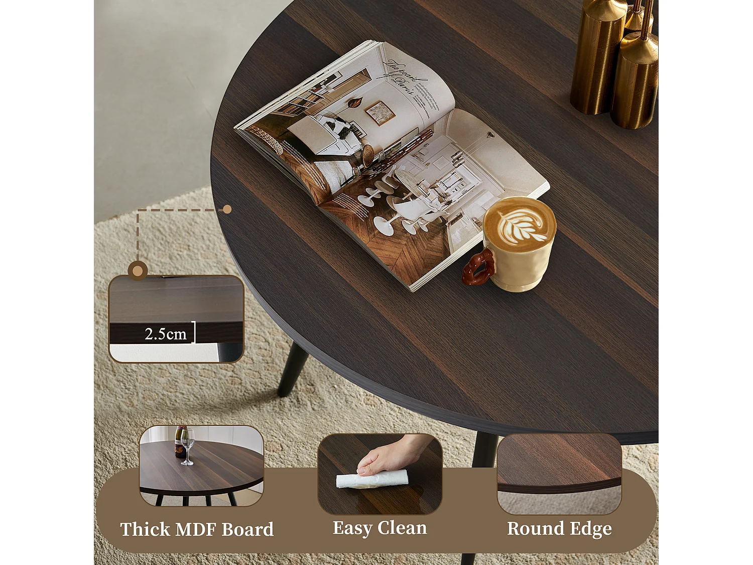 SONARA Modern Round Dark Walnut Dining Table with Velvet Chairs, 4 Seater Set