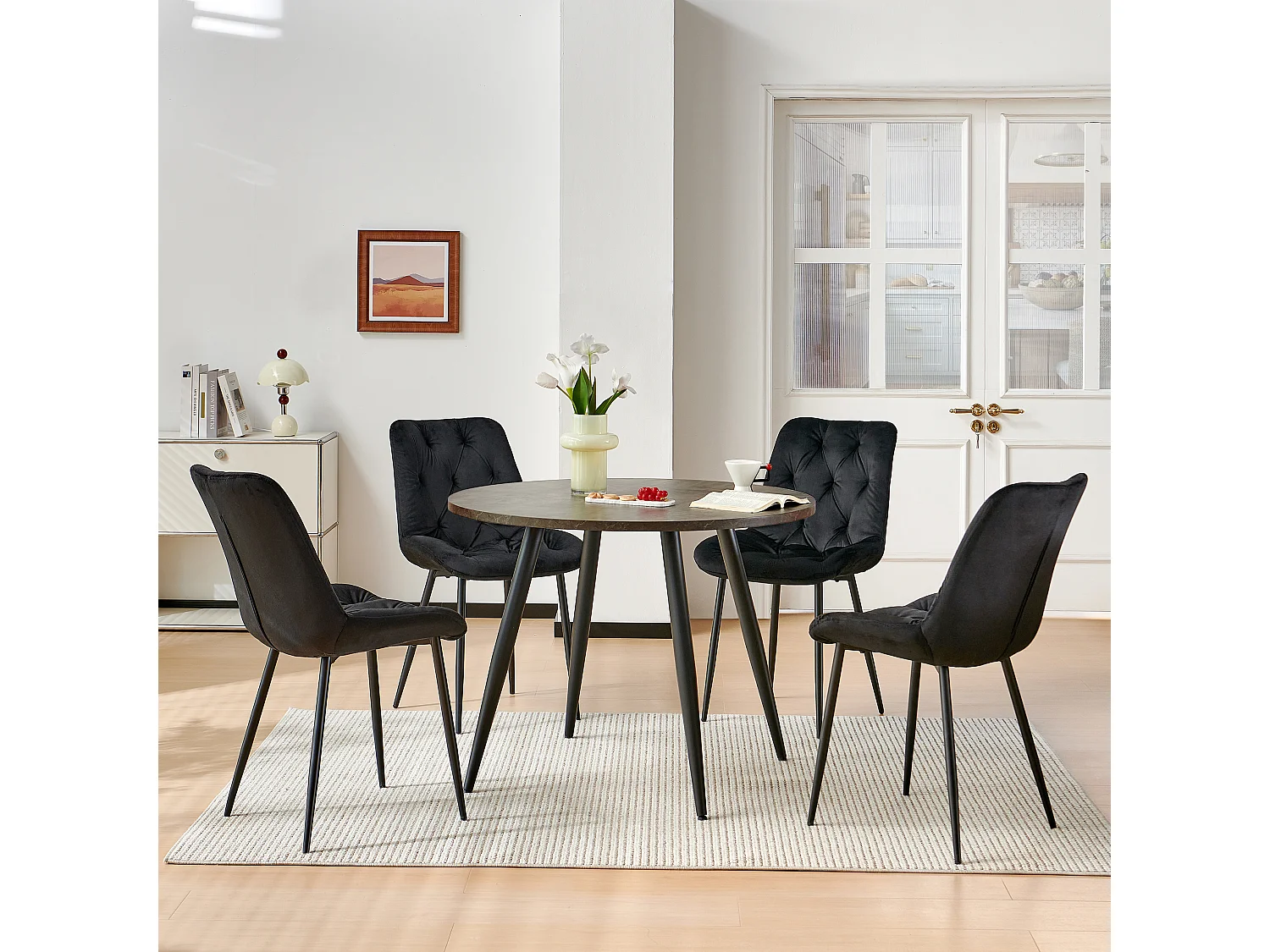 SONARA Grey Marble Round Dining Table and Velvet Chairs Set, Modern 4 Seater for Dining Room