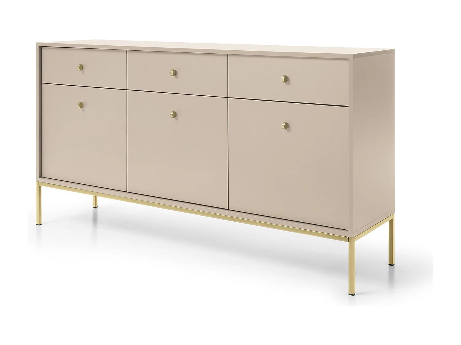 Commode 150 cm Monti - commode avec 3 tiroirs, 3 portes, pieds - beige + or