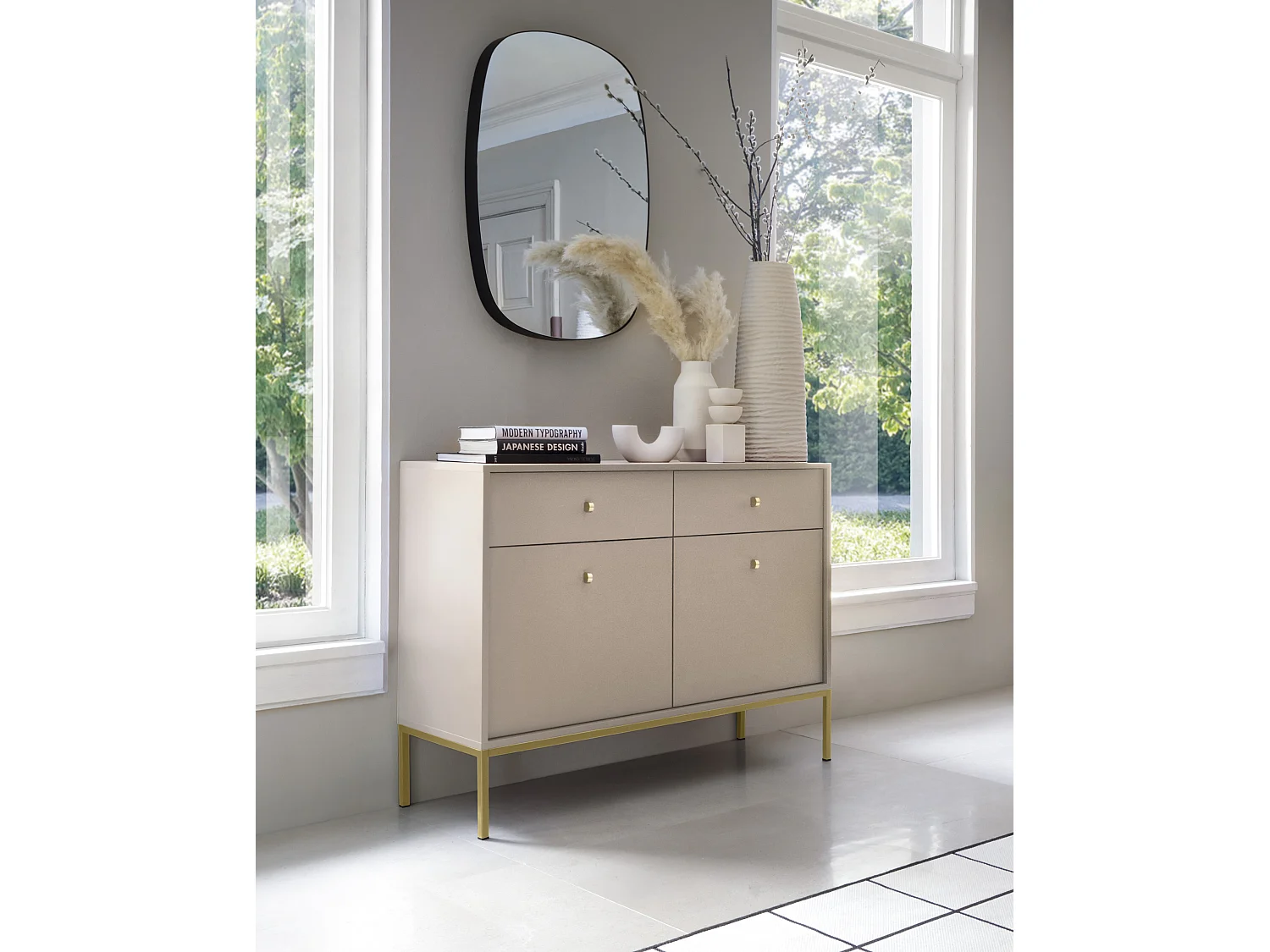 Commode 150 cm Monti - commode avec 3 tiroirs, 3 portes, pieds - beige + or