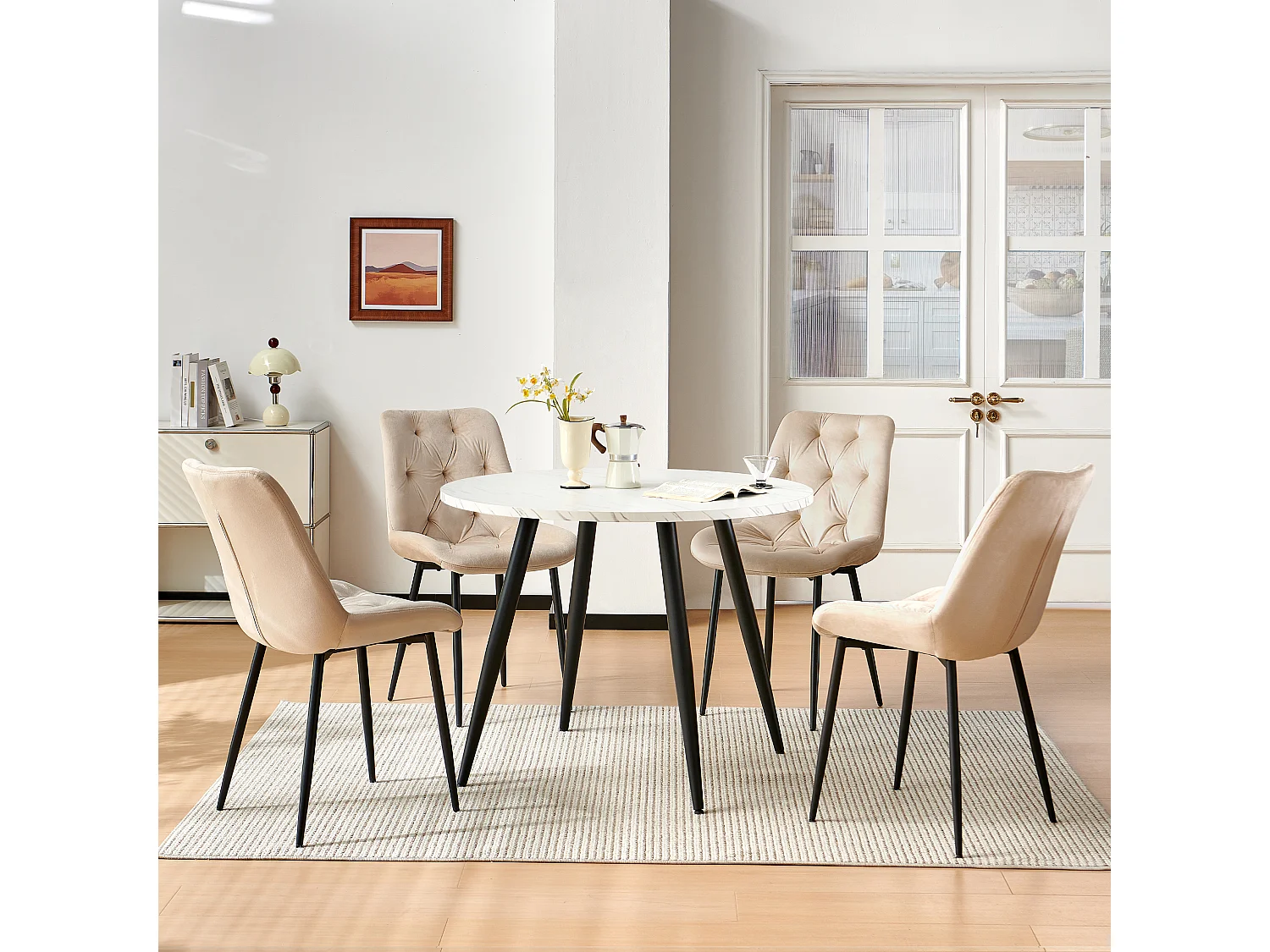 SONARA Modern Round White Marble Dining Table with Velvet Chairs, 4 Seater Set