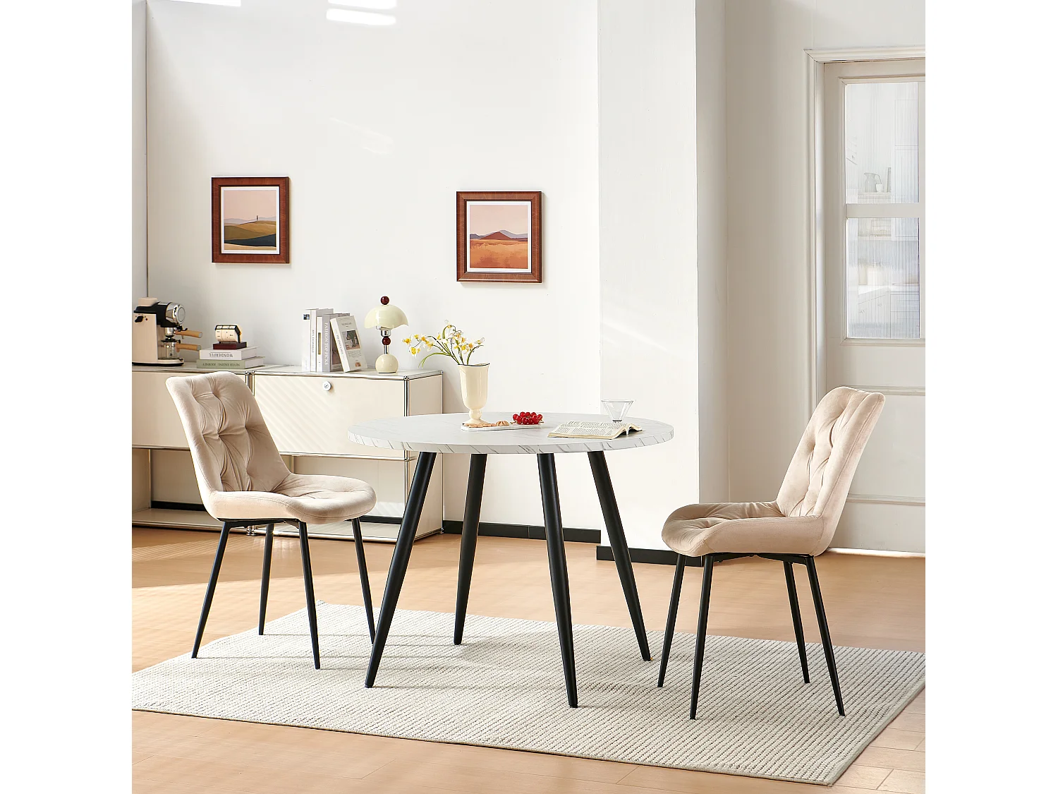 SONARA Modern Round White Marble Dining Table with Velvet Chairs, 4 Seater Set