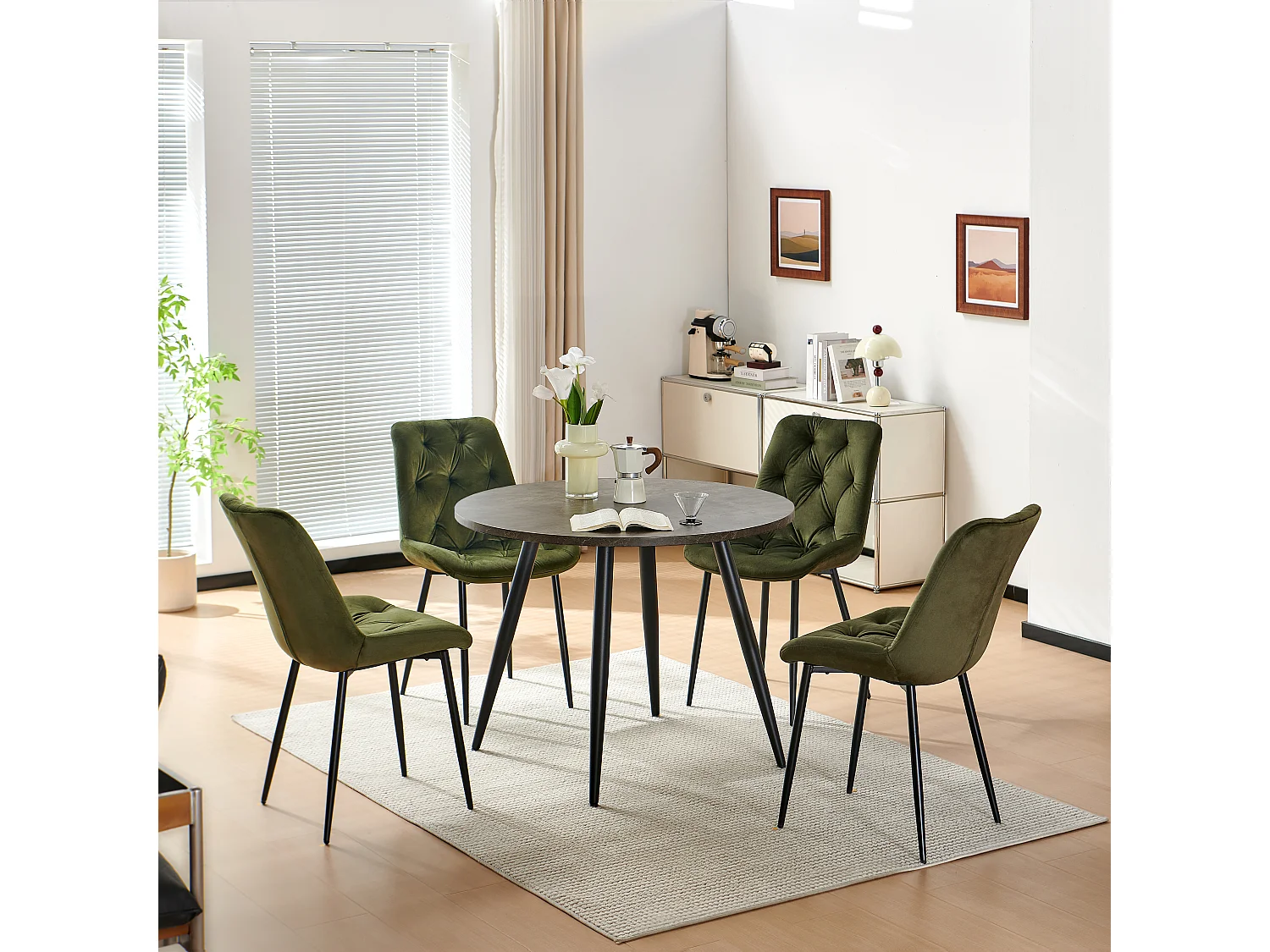 SONARA Grey Marble Round Dining Table and Velvet Chairs Set, Modern 4 Seater for Dining Room
