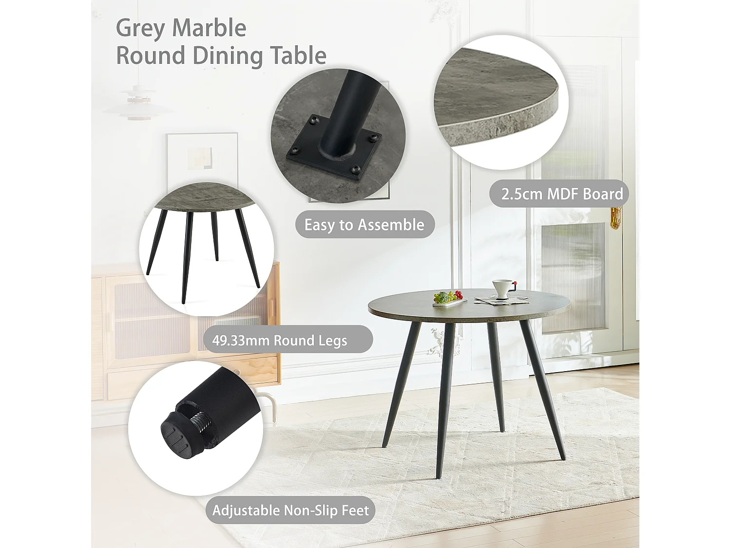 SONARA Grey Marble Round Dining Table and Velvet Chairs Set, Modern 4 Seater for Dining Room