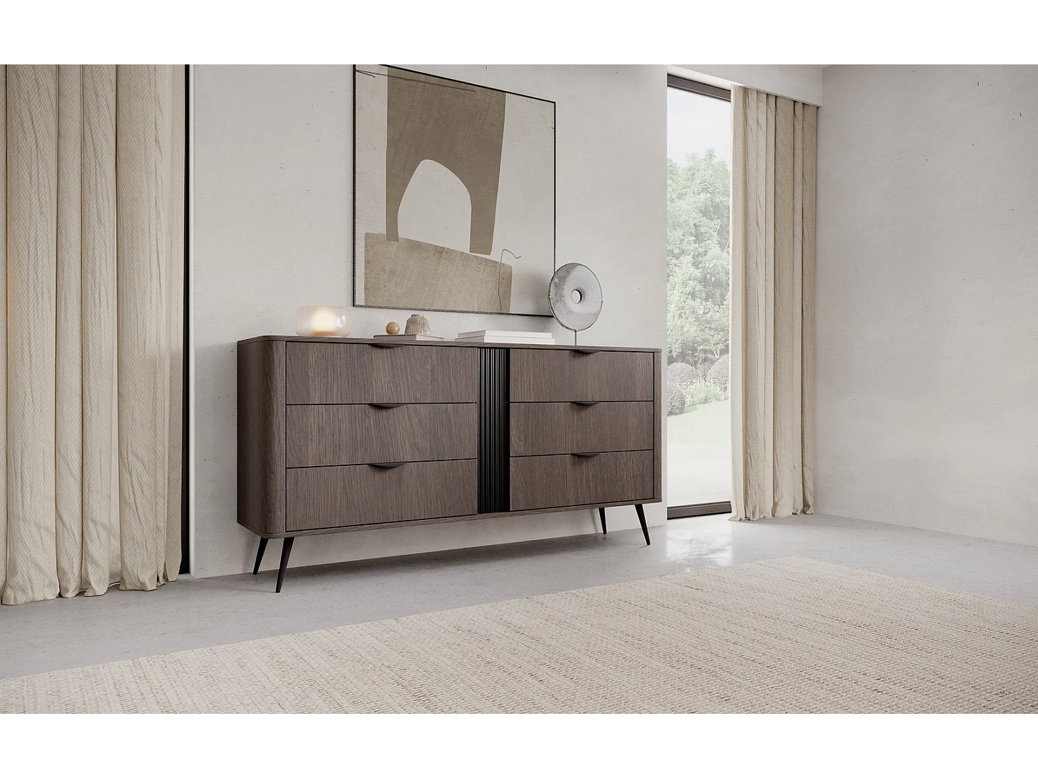 Commode 165 cm Estera voor de woonkamer op poten, 6 lades - commode in donker hout, eik Dunin