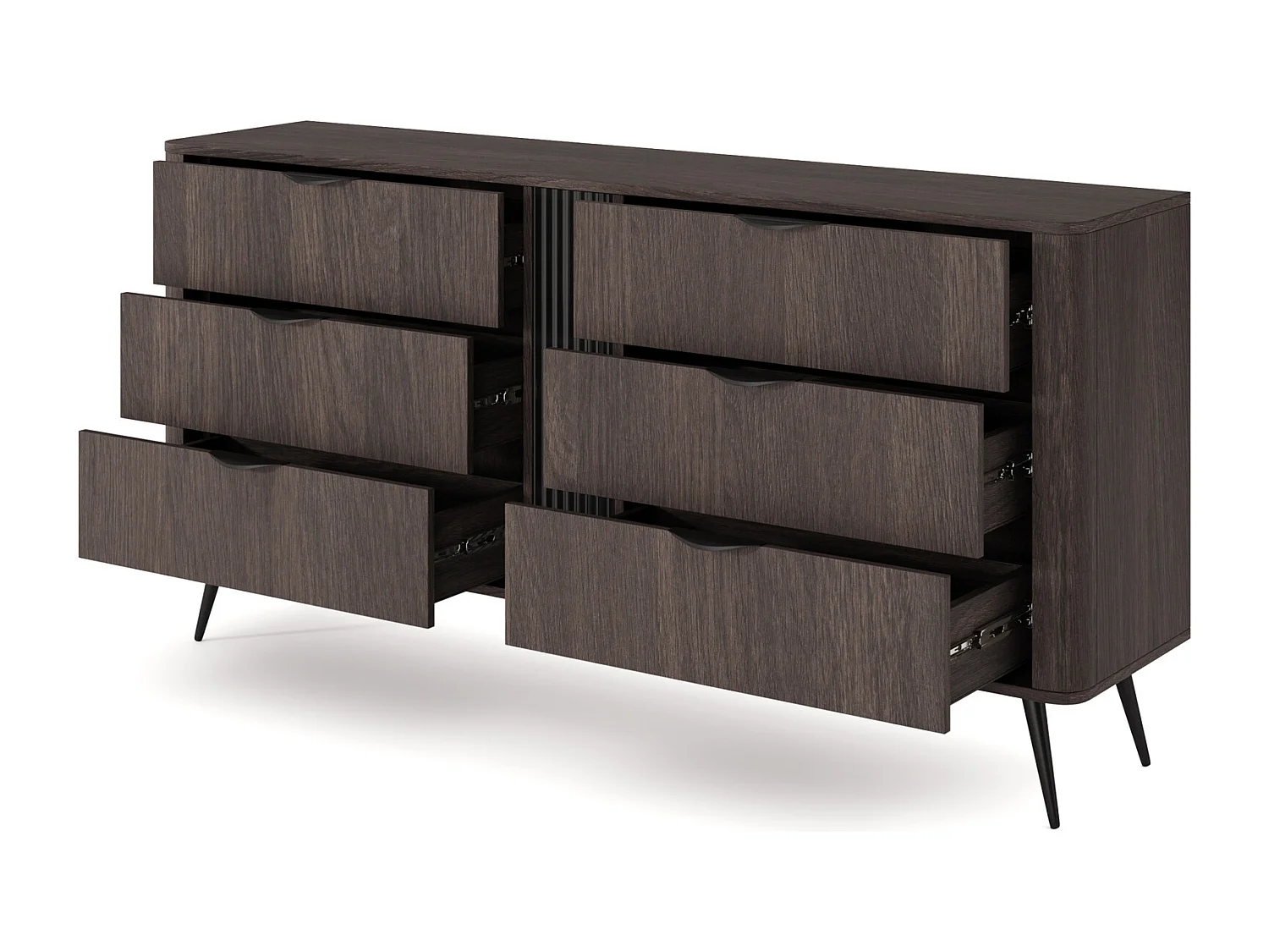 Commode 165 cm Estera voor de woonkamer op poten, 6 lades - commode in donker hout, eik Dunin