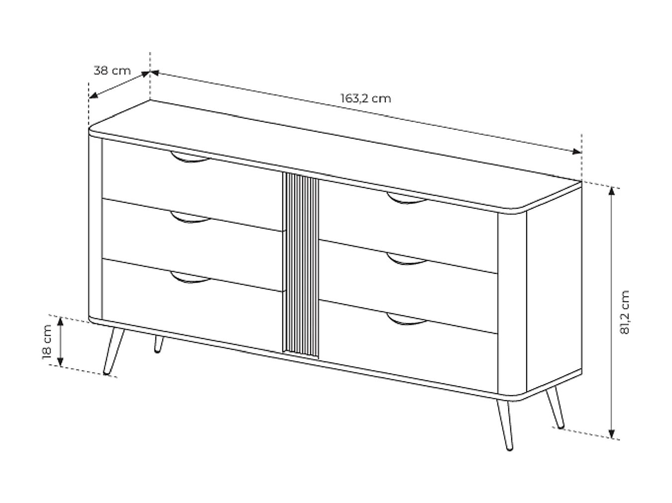 Commode 165 cm Estera voor de woonkamer op poten, 6 lades - commode in donker hout, eik Dunin