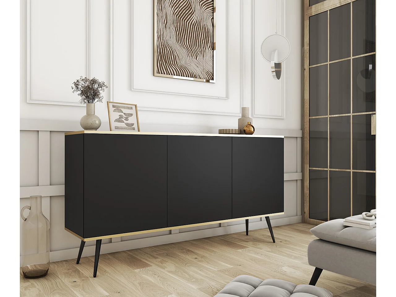 Driedelige commode Rodi 160 cm, voor de woonkamer op poten - zwart