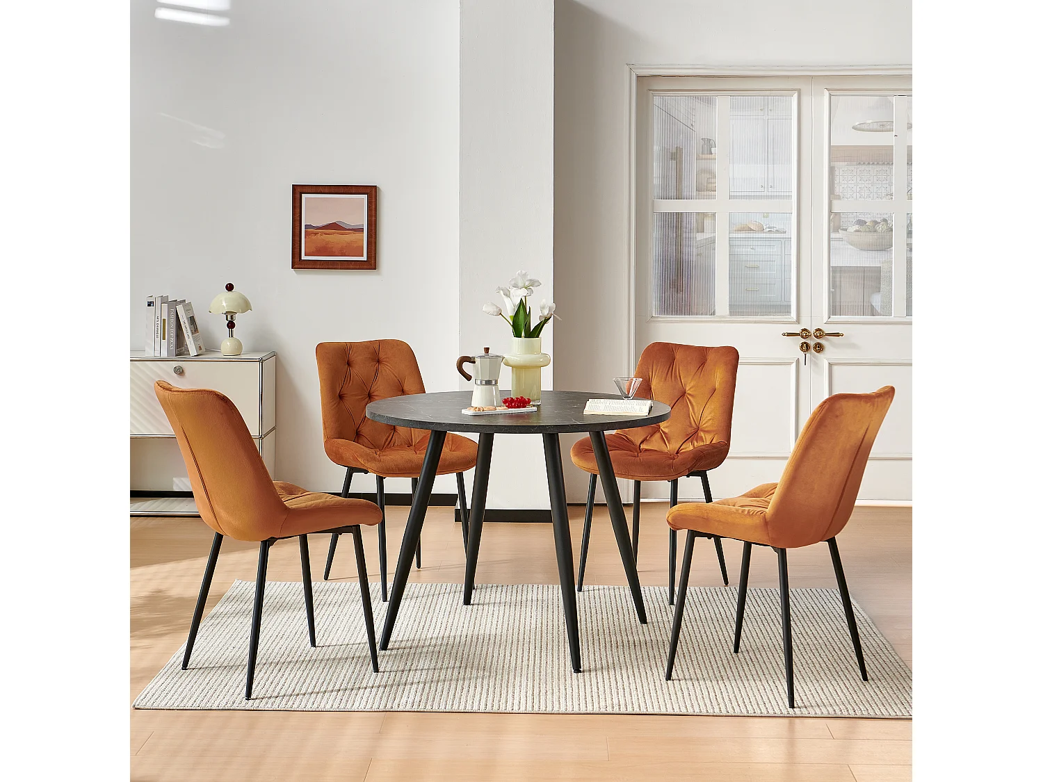 SONARA Black Marble Round Dining Table and Velvet Chairs Set, Modern 4 Seater for Dining Room