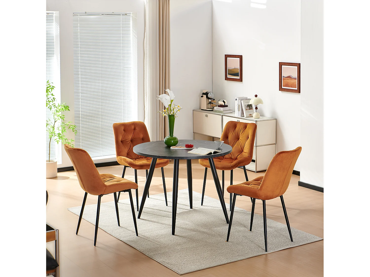 SONARA Black Marble Round Dining Table and Velvet Chairs Set, Modern 4 Seater for Dining Room