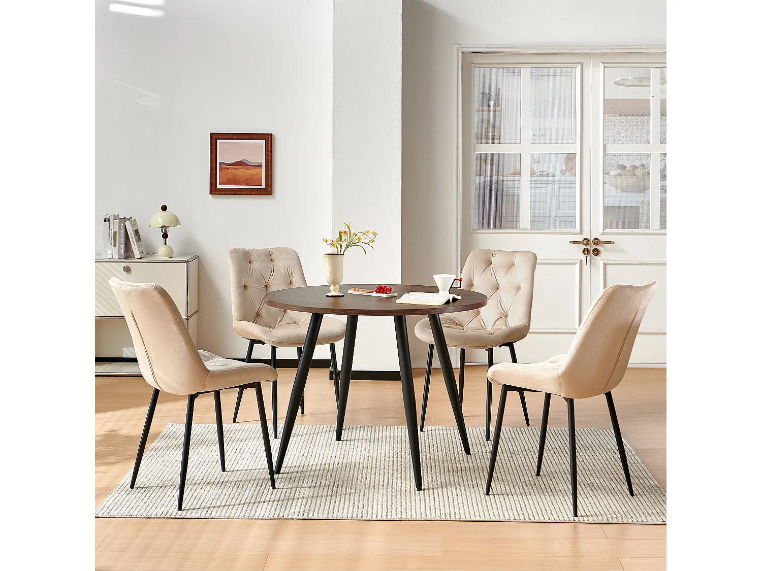 SONARA Modern Round Dark Walnut Dining Table with Velvet Chairs, 4 Seater Set