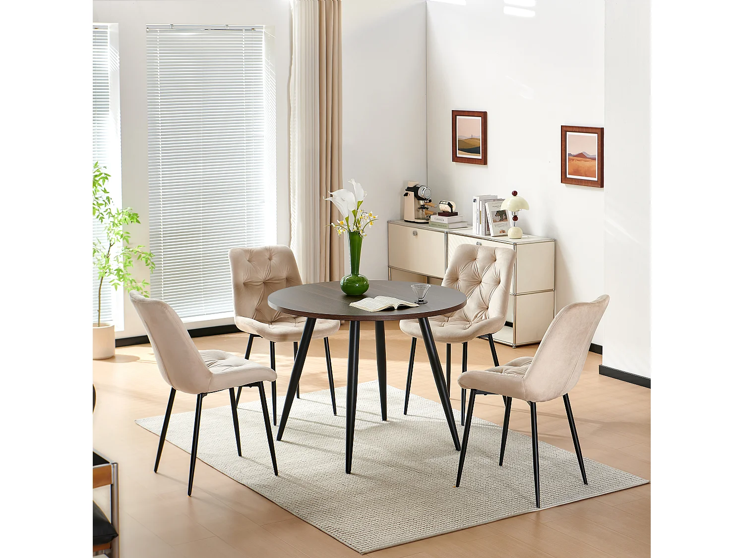 SONARA Modern Round Dark Walnut Dining Table with Velvet Chairs, 4 Seater Set