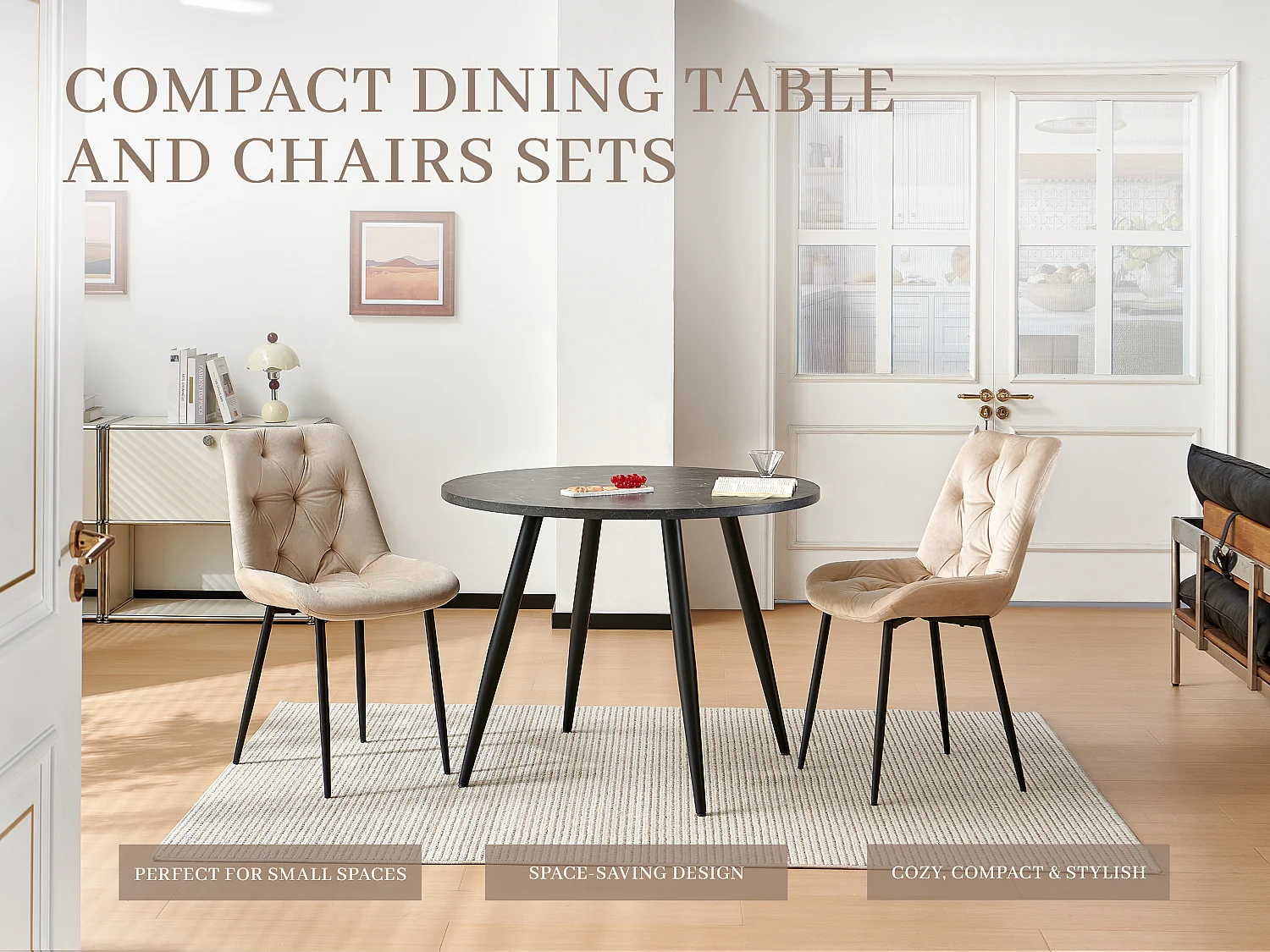 SONARA Modern Round Dark Walnut Dining Table with Velvet Chairs, 4 Seater Set