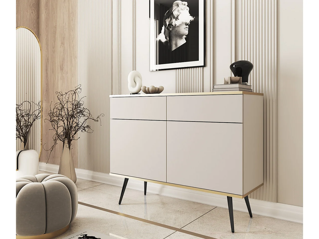 Commode met lades 107 cm Rodi, 2-deurs, op poten - woonkamerkast, beige + zwart