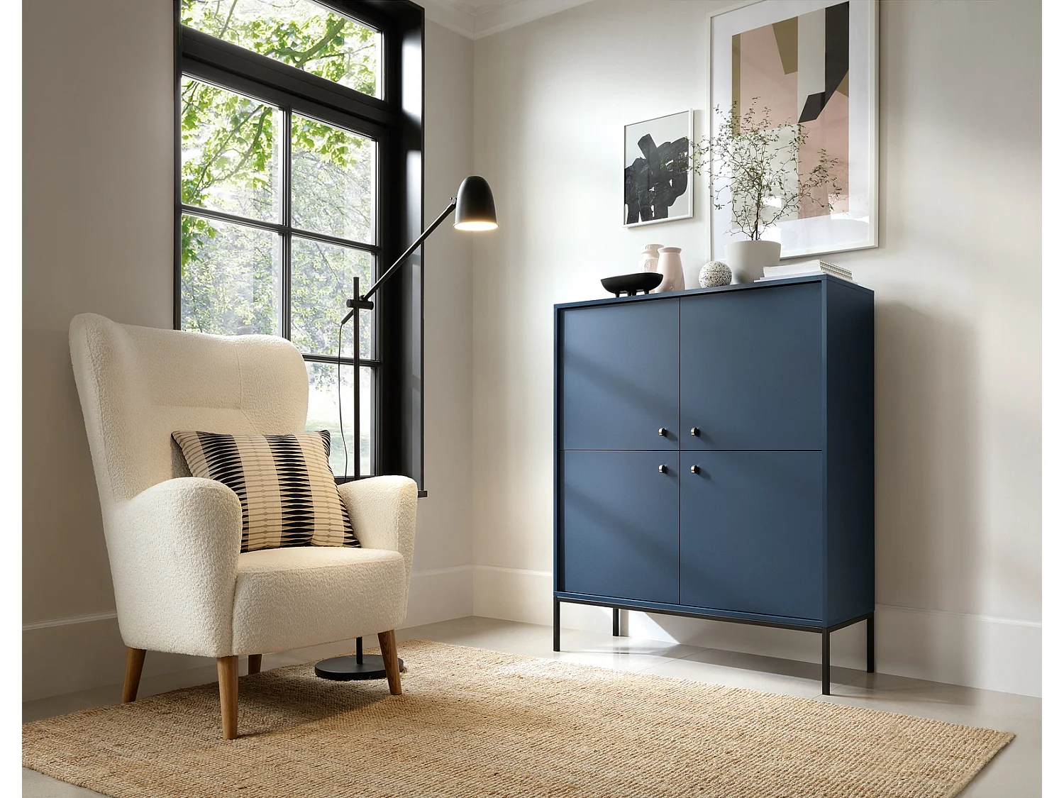 Dressoir met 4 deuren Monti - poten, commode 125 cm, marineblauw + zwart