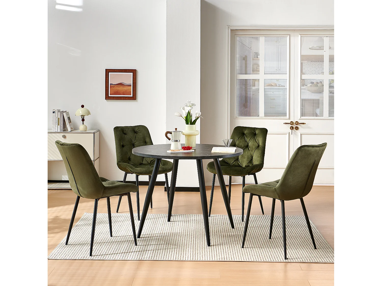 SONARA Black Marble Round Dining Table and Velvet Chairs Set, Modern 4 Seater for Dining Room