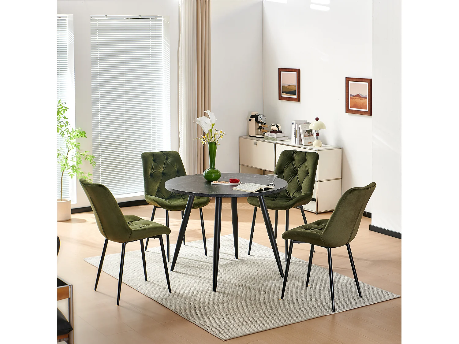 SONARA Black Marble Round Dining Table and Velvet Chairs Set, Modern 4 Seater for Dining Room