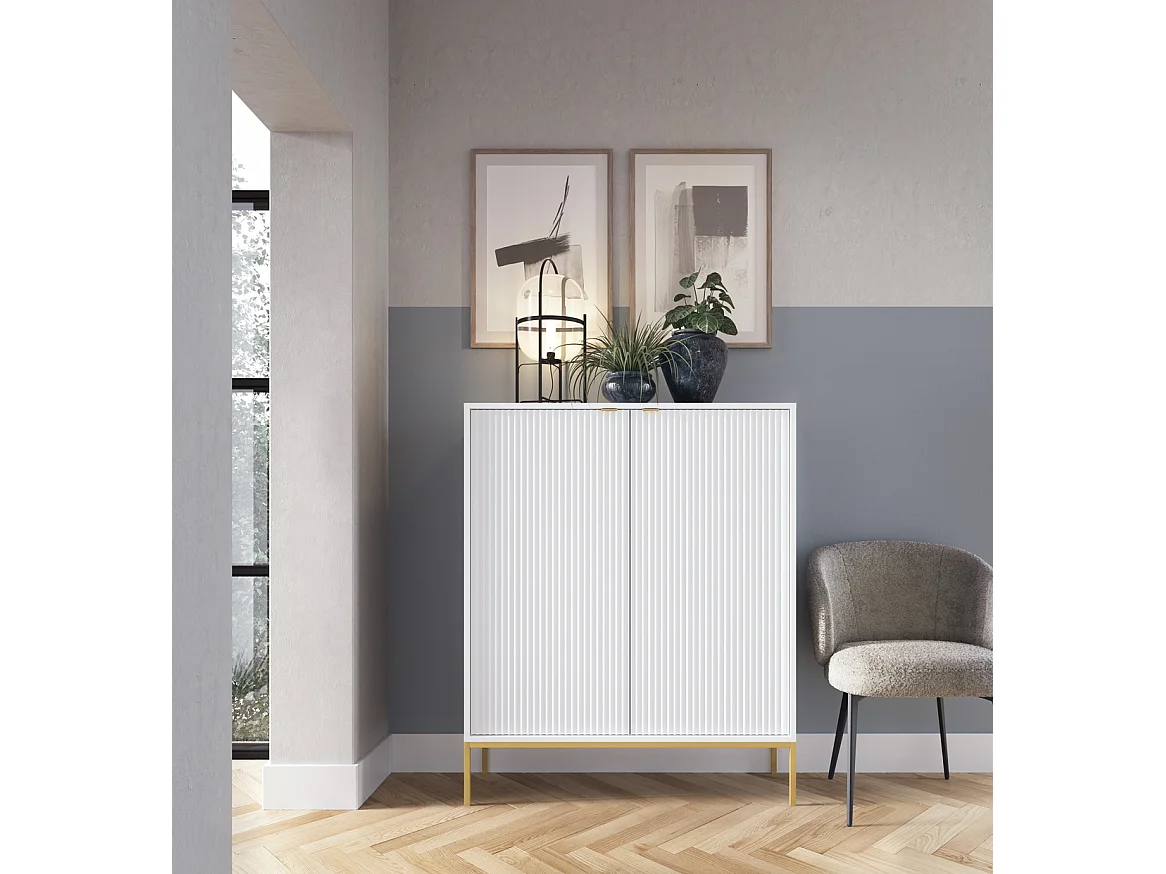Commode 100 cm Galla - Commode 2 portes pour salon - style moderne, Blanc + Or