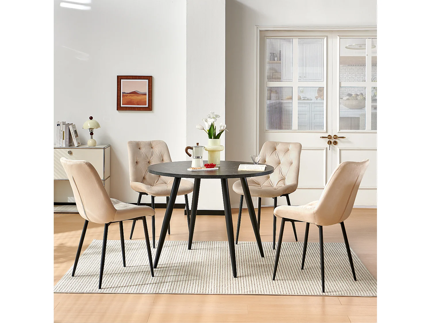 SONARA Black Marble Round Dining Table and Velvet Chairs Set, Modern 4 Seater for Dining Room