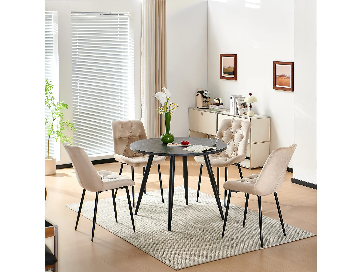SONARA Black Marble Round Dining Table and Velvet Chairs Set, Modern 4 Seater for Dining Room