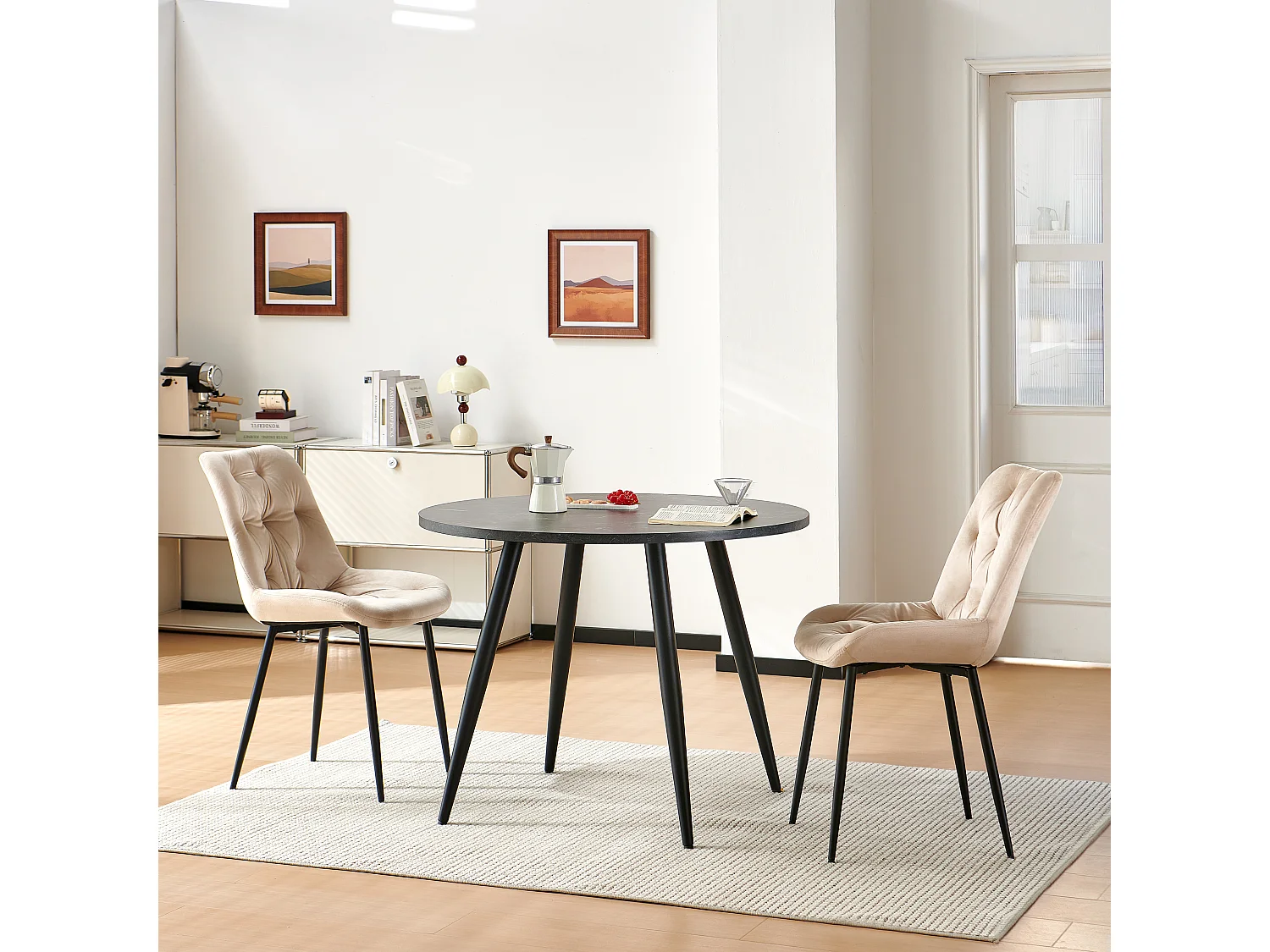 SONARA Black Marble Round Dining Table and Velvet Chairs Set, Modern 4 Seater for Dining Room