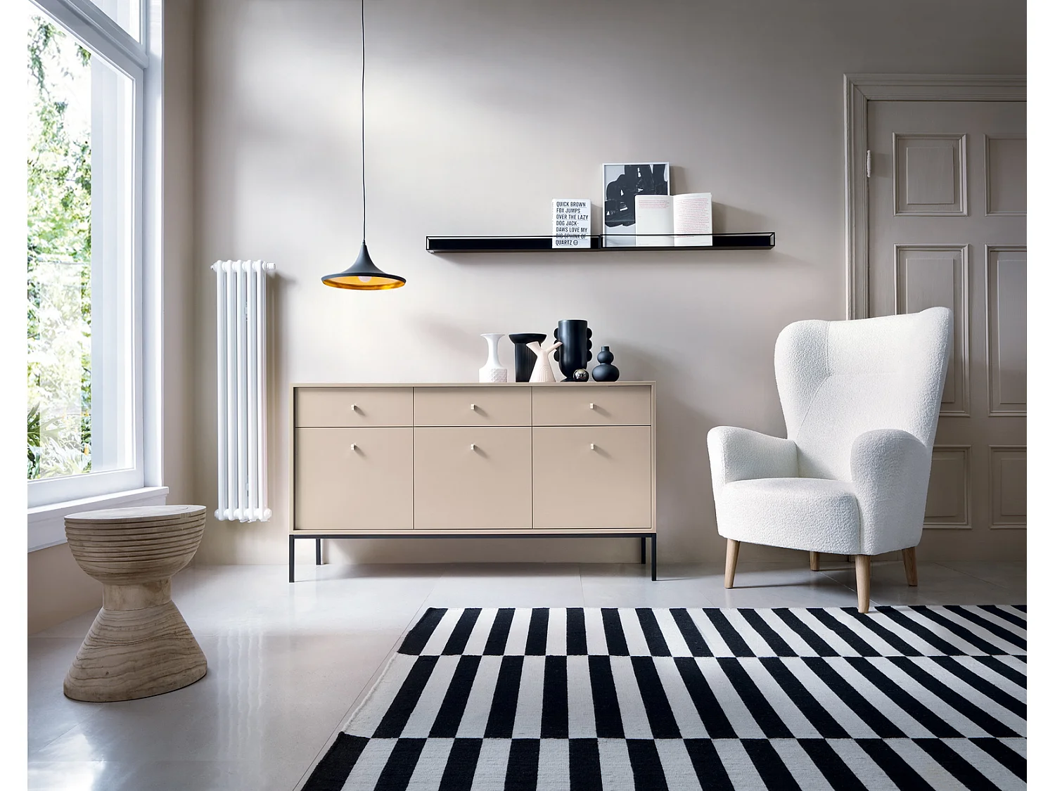 Commode 150 cm Monti - commode avec 3 tiroirs, 3 portes, pieds - beige + noir
