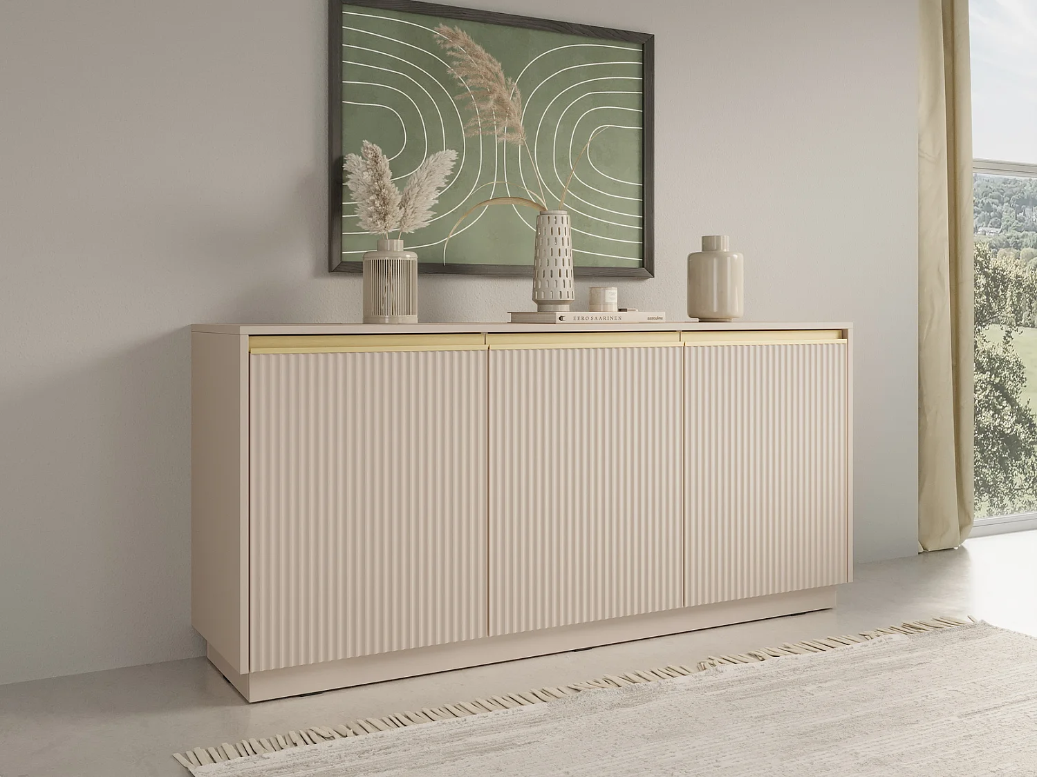 Commode 150 cm Baron, 3 deuren, geribbelde fronten - commode met soft-close, beige