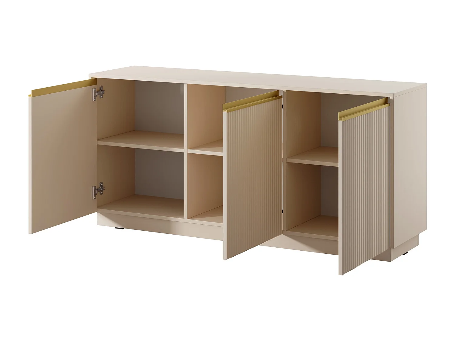 Commode 150 cm Baron, 3 deuren, geribbelde fronten - commode met soft-close, beige