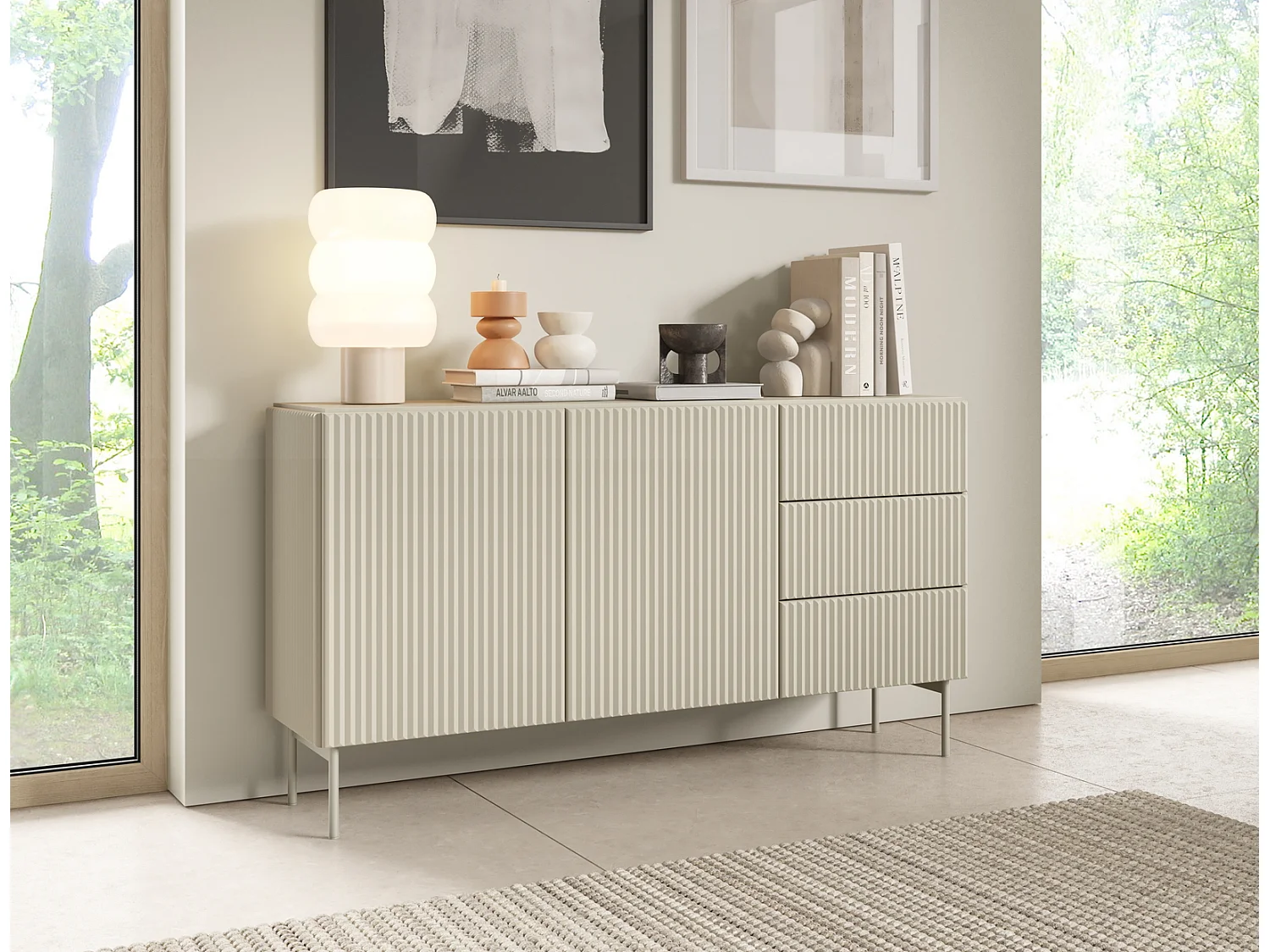 Commode avec tiroirs 147 cm Galiano - 2 portes, pieds hauts, commode rainurée cachemire