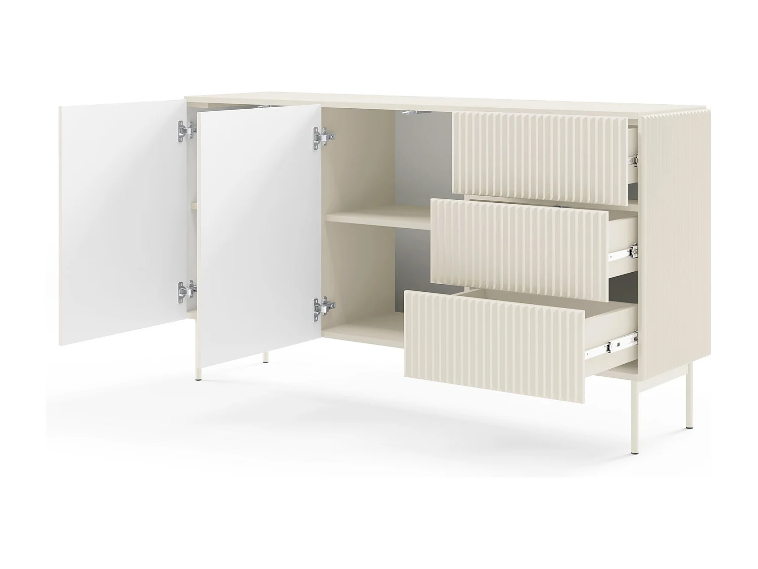 Commode avec tiroirs 147 cm Galiano - 2 portes, pieds hauts, commode rainurée cachemire