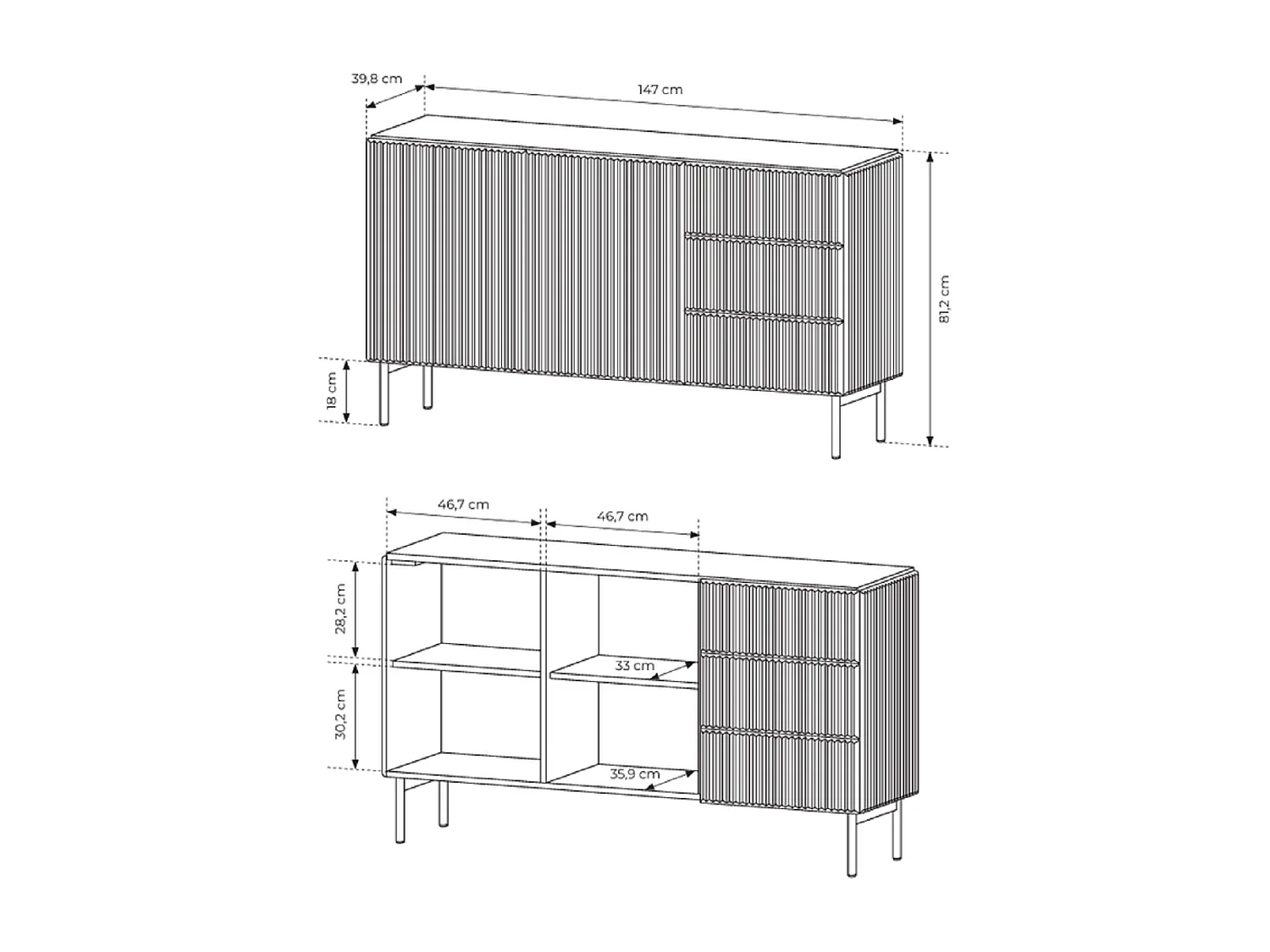 Commode avec tiroirs 147 cm Galiano - 2 portes, pieds hauts, commode rainurée cachemire