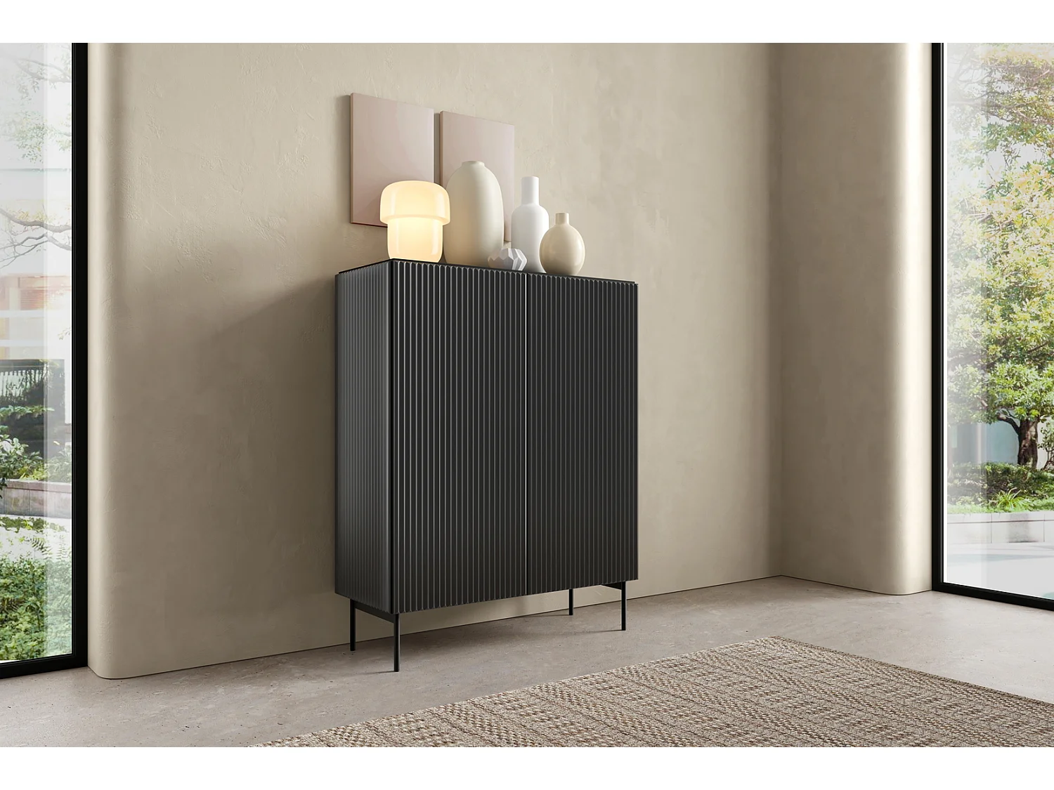 Commode noir 100 cm Galiano sur pieds hauts - commode haute à façades rainurées pour le salon