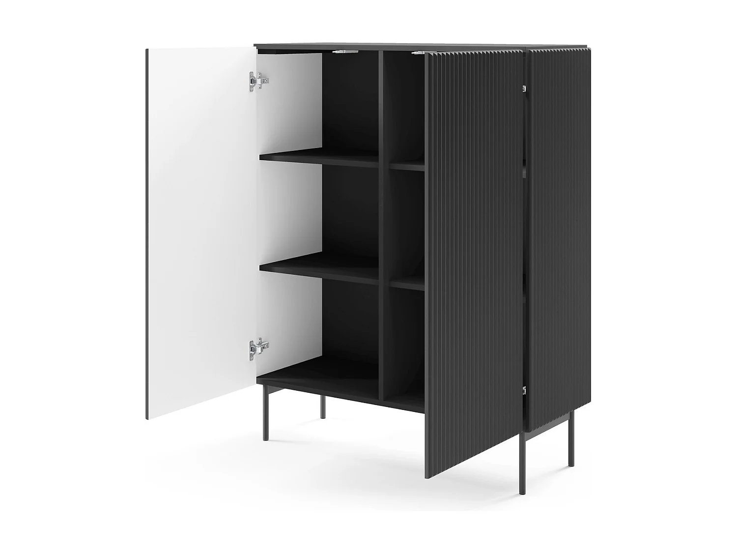 Commode noir 100 cm Galiano sur pieds hauts - commode haute à façades rainurées pour le salon