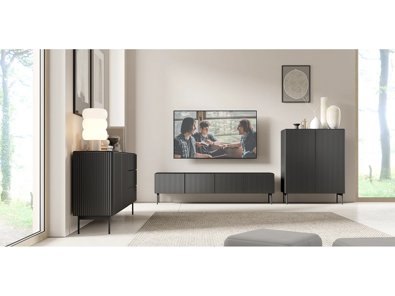 Commode noir 100 cm Galiano sur pieds hauts - commode haute à façades rainurées pour le salon