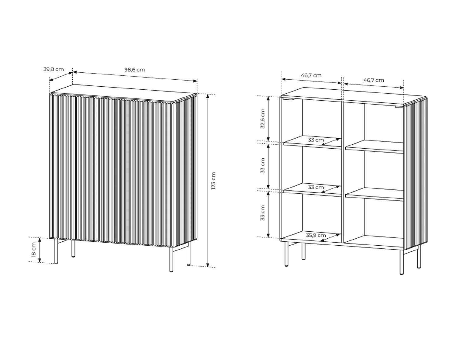 Commode noir 100 cm Galiano sur pieds hauts - commode haute à façades rainurées pour le salon