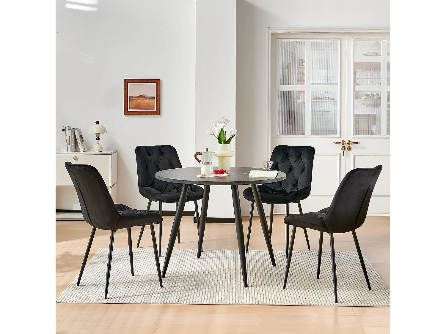 SONARA Black Marble Round Dining Table and Velvet Chairs Set, Modern 4 Seater for Dining Room