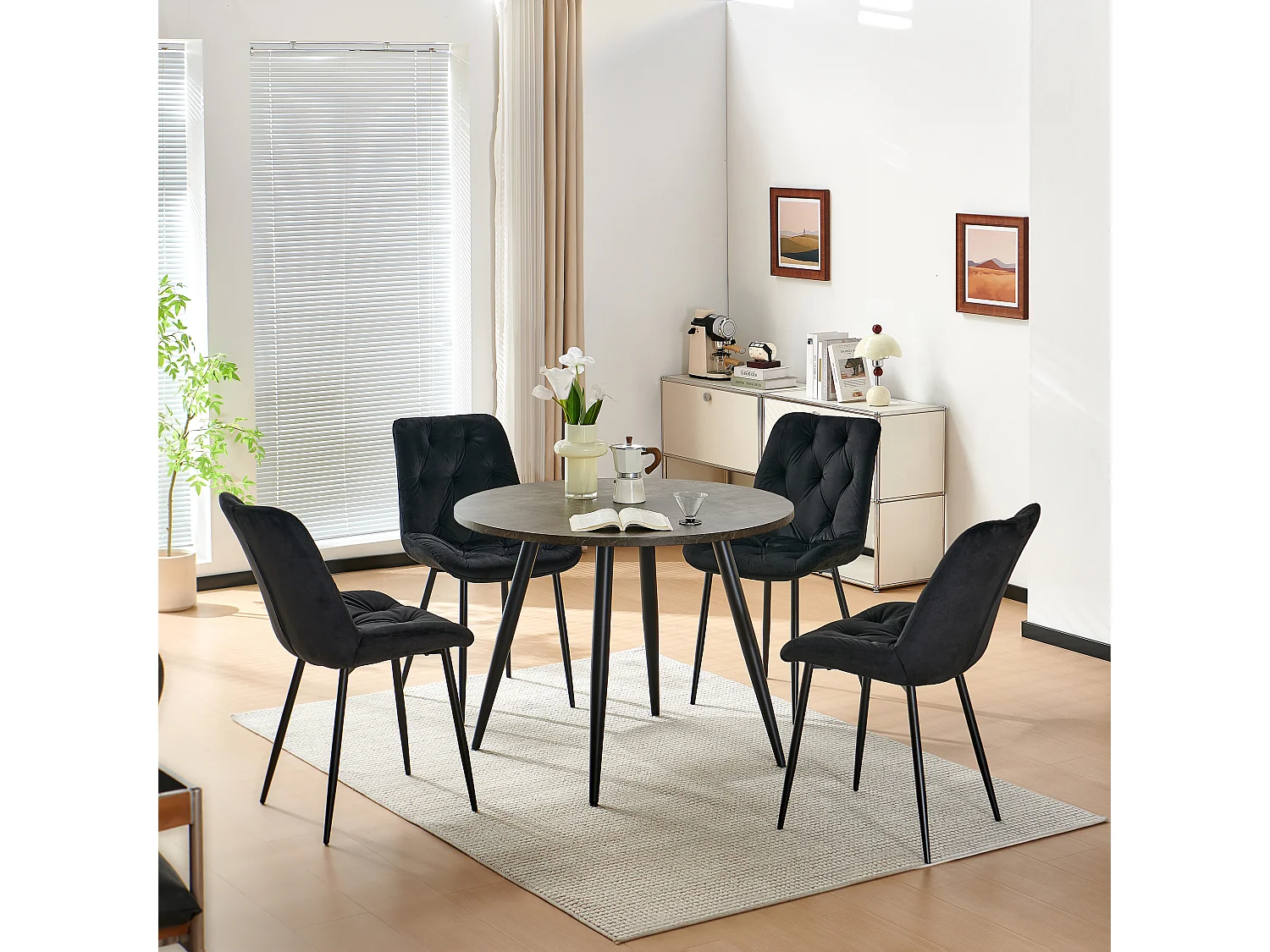 SONARA Black Marble Round Dining Table and Velvet Chairs Set, Modern 4 Seater for Dining Room