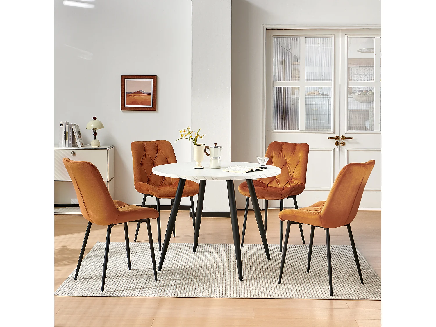 SONARA Modern Round White Marble Dining Table with Velvet Chairs, 4 Seater Set