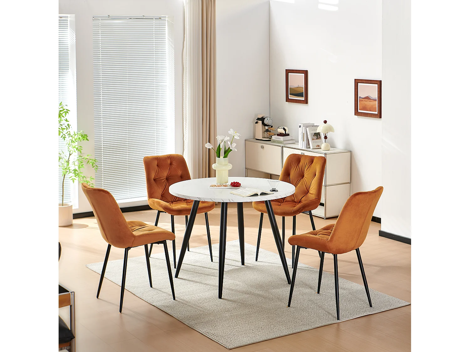 SONARA Modern Round White Marble Dining Table with Velvet Chairs, 4 Seater Set